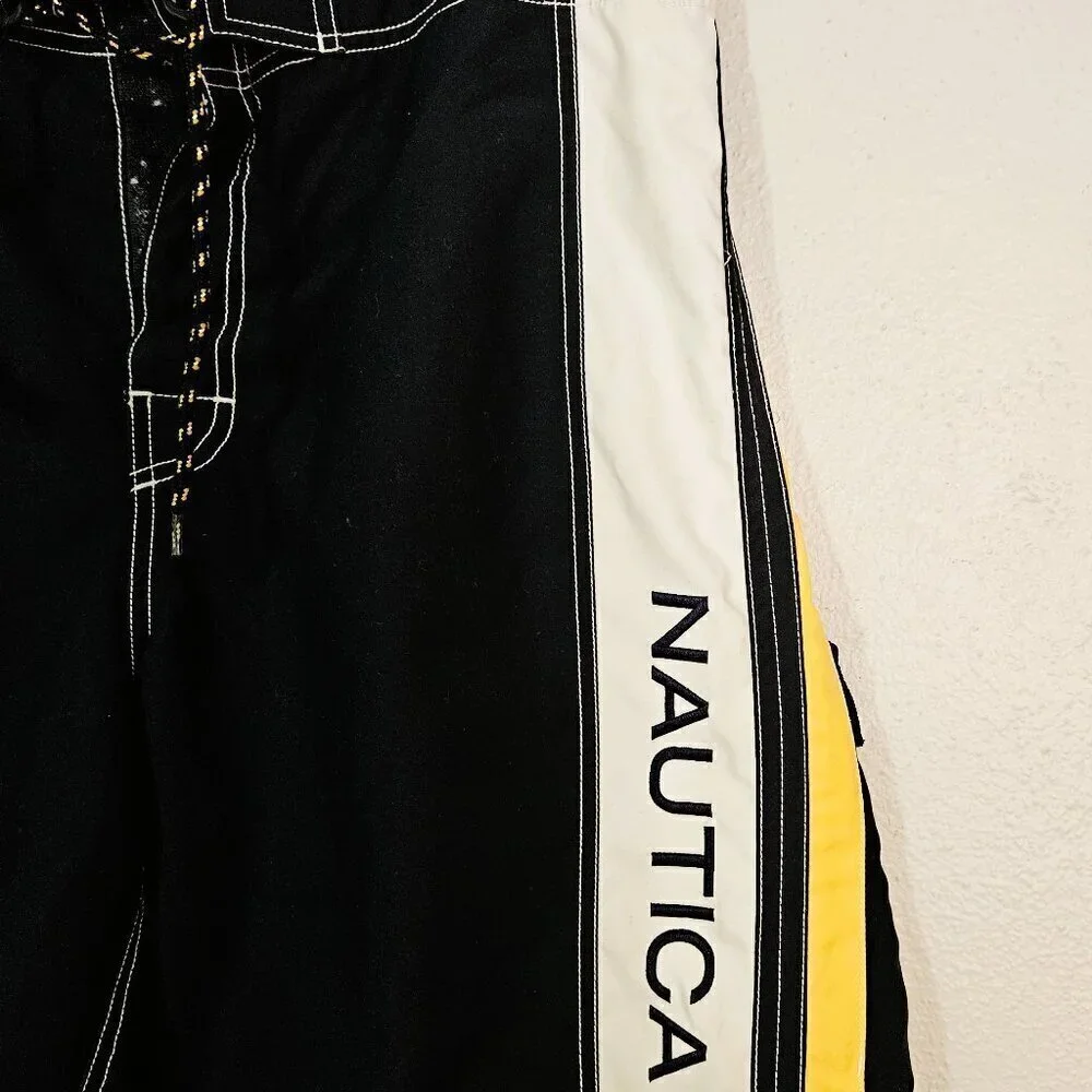 Nautica Men's Swim Trunks Blue with White and Yellow Stripe and Logo Size 36W